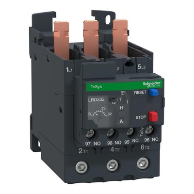 Schneider Electric TeSys D termorelæ, model LR332, til 23-32A sikrer effektiv elektrisk beskyttelse med justerbar indstilling og reset-funktion.