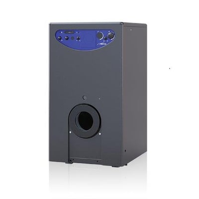 Oliekedel Rondo 3 OF i mørkegrå med blåt kontrolpanel, 18,9-23,5kW ydelse, støbejernskonstruktion og 130mm aftrækstilslutning.