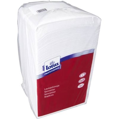Pakke med 500 stk. hvide Lotus Professional 1-lags servietter, hver serviet måler 24x24 cm.