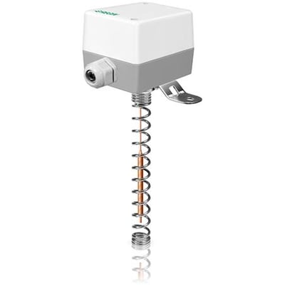 Lindab Firesystem PRO, Kanaltermo PRO-DT mekanisk kanaltermostat med væskefyldt kobberprobe og monteringsbeslag, hvid og grå.