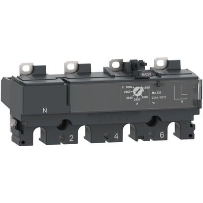 Schneider Electric MA100 magnetisk strømrelæ med fire poler, designet til NSX100/250 maksimalafbrydere med tydeligt mærkede terminaler og justeringsmuligheder.