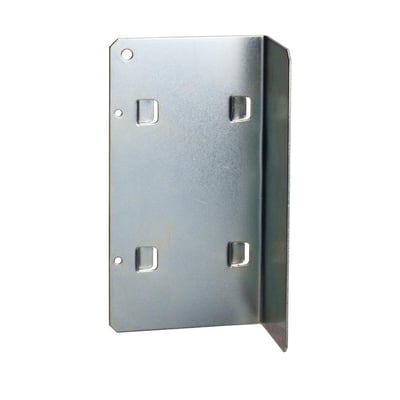 Lauritz Knudsen 19'' vægbeslag til hylde med 2HE, vist fra siden og fremad med 4-punkts opsætningshuller i metal.