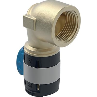 Geberit FlowFit presbøjning i bronze med blå mærkat, 40mm tilslutning og 1 1/4" gevind, set fra siden.