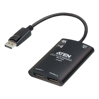 Aten 2-Port True 4K DisplayPort MST Hub VS92DP i sort viser to DisplayPort udgange og en DisplayPort indgangskabel.