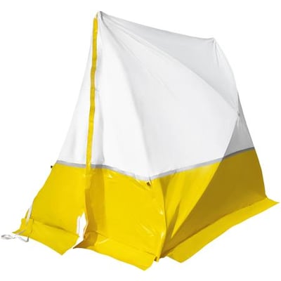 Arbejdstelt 180 TE med et stejlt tag og klare gule farver kombineret med hvidt materiale.