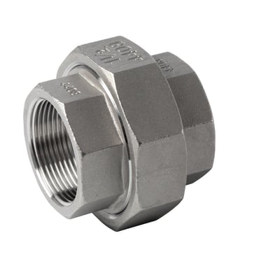 Union fitting i rustfrit stål AISI 316 med 1/2" muffegevind og indbygget PTFE pakning, mærket med 4408 og ISO 228-1G.