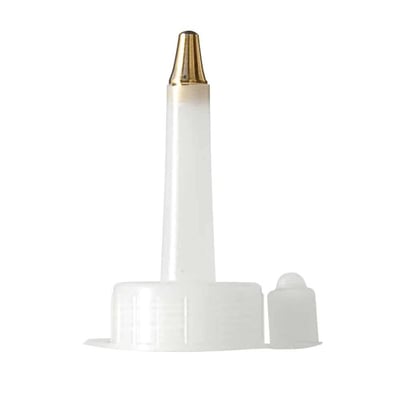 En hvid plastiktud til olieflaske med en gylden messingspids og en separat lysegrå hætte på siden.
