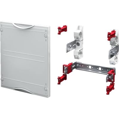 Rittal skinnemoduler N/PE SV, vist som en lukket hvid modulfront til venstre og forskellige monteringsbeslag med røde detaljer til højre.