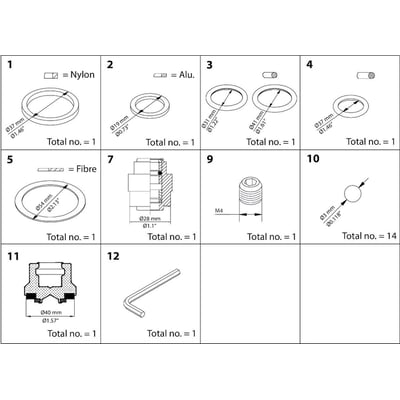 Diagram over vedligeholdelsessæt til Danfoss SVA 25-40, med detaljerede tegninger af 12 forskellige komponenter og deres mål.
