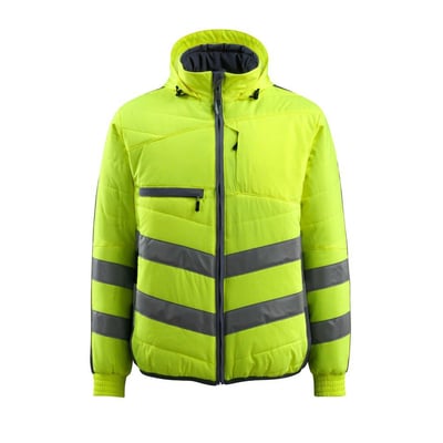 Mascot Dartford Hi-Vis quiltet jakke i gul og marineblå med reflekser, størrelse 3XL. Jakken er åndbar, vindtæt og vandafvisende.