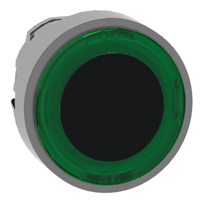 Schneider Electric Harmony XB4 trykknaphoved med grøn LED-ring og plan sort front, Ø22mm diameter.