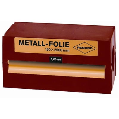 Metalfolie i kunststofboks i mørkerød med orange etiket, der angiver 'METALL-FOLIE RECORD 150 x 2500 mm'.