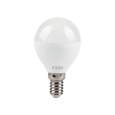 FOSS Europe Smart Home LED kronepære med E14 fatning, 5W effekt og hvidt mat finish, vist på hvid baggrund.