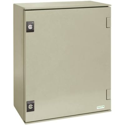 Schneider Electric vægskab 7035 i beige med metal bundplade og to låse, dimensioner 747x536x300 mm, vist forfra.