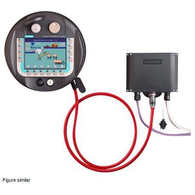 Siemens PROFINET tilslutningskabel til mobilpaneler viser et rødt kabel forbundet mellem et panel og en grå Siemens enhed.