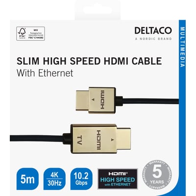 Deltaco HDMI-kabel på 5 meter i sort og guld vist på detailæskens forside med stik og produktdata.