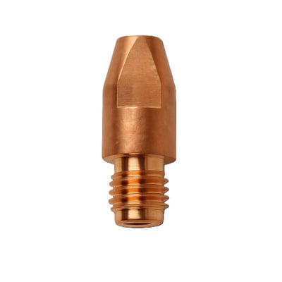 Kontaktdyse i kobberlegering CuCrZr, M8x30, med 1,0 mm diameter og tydelige gevinddetaljer.