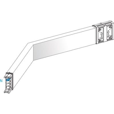 Schneider Electric Canalis vinkel 400A KSA400DLC43B, viser en vinklet samling af flade strømskinner med fastgørelsesclips.