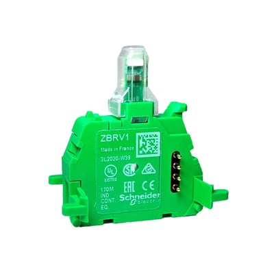 Schneider Electric lysmodul ZBRV1 i grøn plast med synlige terminaler og klar top, isoleret på hvid baggrund.