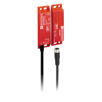 Schneider Electric magnetkontakt XCSDMP501L01M12 i orange plast med 1NO+2NC kontakter, LED og M12 stik samt sort kabel.