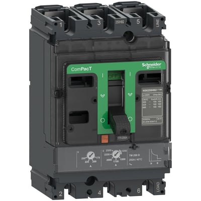 Schneider Electric ComPacT NSX250N maksimalafbryder, 3-polet, med grønt håndtag til tænd/sluk og en mærketypeplade med tekniske specifikationer.