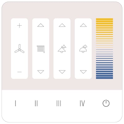 Jumitech DALI-2 touchpanel til styring af lys, ventilation og gardiner med ikoner for blæser, persienne og to lamper.