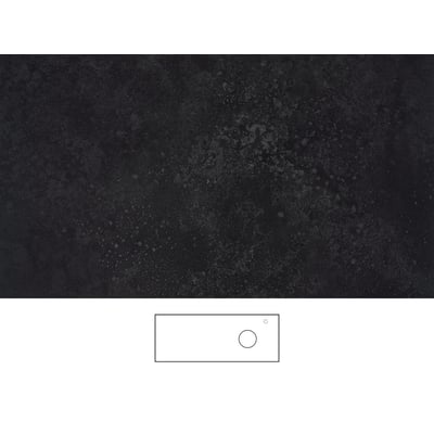 Mørk grafitbordplade fra Svedbergs, 121 x 46 cm, med udskæring og armaturhul i højre side, vist med overflade og skitse.