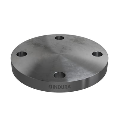 Indura blindflange 2.1/2" med Indura logo og 4 monteringshuller, fremstillet i metal.