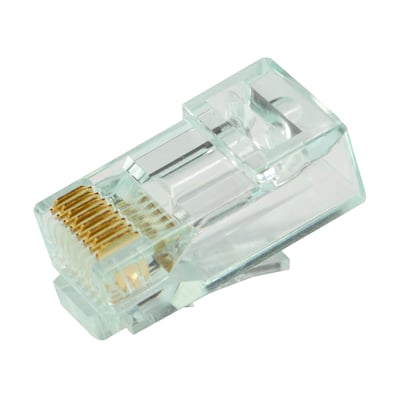 Nærbillede af et Simply45 S45-1600 RJ45 Pass-Through stik, der viser guldkontakterne og den gennemsigtige plastholder.