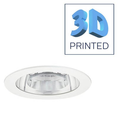 Hvid Philips GreenSpace Downlight DN461B indbygningsspot med 1100 lm og 3000 K, Ø150 mm, vist med et 3D PRINTED logo øverst til højre.