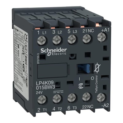 Schneider Electric kontaktor 9A, 3P+1NC, 24VDC, model LP4K09015BW3 med tydelige terminalmærkninger og logo.