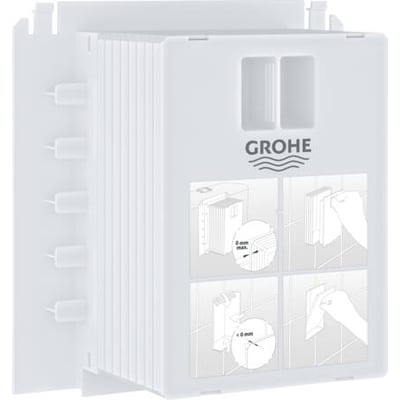 Grohe inspektionsskaft i hvid plast til trykplader, viser monteringsdetaljer og mål.