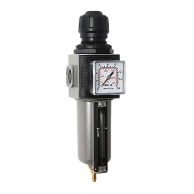 FLAIR E24/2P filter med reduktionsventil og manometer, der viser trykindstillinger op til 16 bar, med en kondensvandsskala.