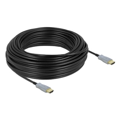 Delock aktivt optisk HDMI 2.0-kabel på 30 meter, sort og oprullet med HDMI-stik i begge ender.