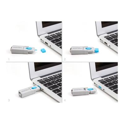 Demonstration af DeLock USB port blocker sætets funktion: Indsættelse af en blå USB blocker i en USB-port med et værktøj.
