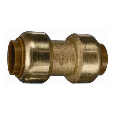 VSH Tectite muffe i 18 mm, fremstillet af afzinkningsbestandigt messing med gyldne koblinger på hvid baggrund.