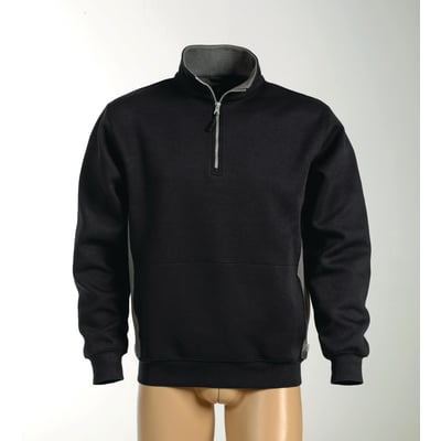 Kansas sort sweatshirt med lynlås i størrelse 3XL, vist på en mannequin. Sweatshirten har kontrastfarve i kraven og siderne.