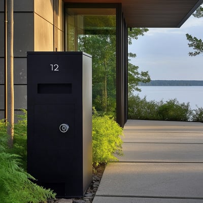 Zafe elektronisk postkasselås PLUS 1607 ses monteret på en sort postkasse ved en bolig.