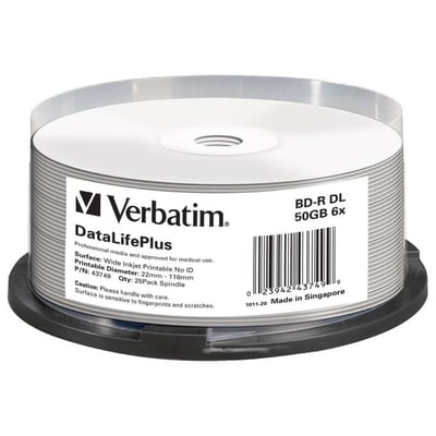 Verbatim BD-R Double Layer-medier med bredt inkjet-printbart område ses samlet i en spindel med produktetiket.