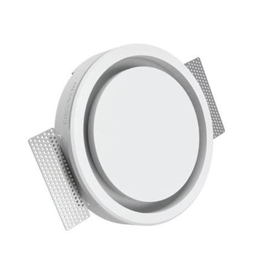 Universal Rondo luftdiffuser i hvidt gipsmateriale med en 160mm huldiameter og integrerede monteringsflapper.