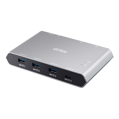 ATEN US3342-AT USB-C Gen2-switch til deling af periferiudstyr, set skråt forfra med fire USB-porte.