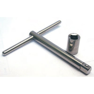 Helmuth A. Jensen T-greb i rustfrit stål med 1/4" firkant og 275 mm længde, placeret på hvid baggrund ved siden af en muffe.