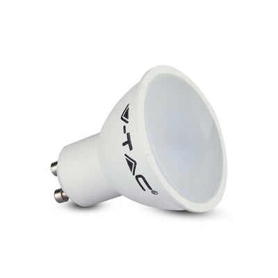 V-TAC 4,5W LED spotlampe med GU10 fatning, hvid PVC, vist fra siden med fokus på fatning og logo.