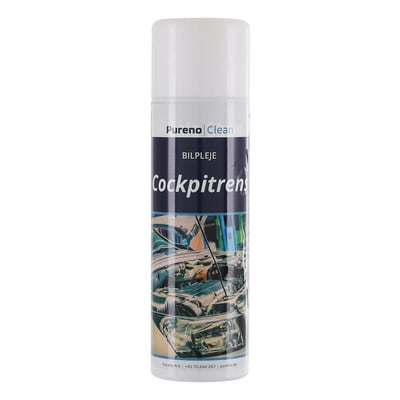 Pureno Clean cockpitrens 500 ml sprayflaske, set fra siden med tydelig mærkning og oplysninger om Pureno A/S.