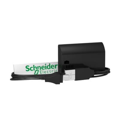 Schneider Electric programmeringskit til ITA kontaktur, et sort kabel med USB-stik og et gråt stik til kontakturen.