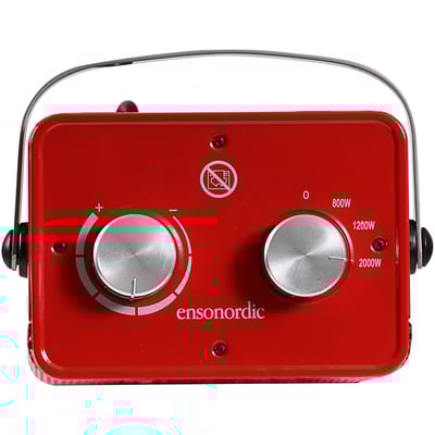 Frontpanel af rød Ensonordic varmeblæser med to drejeknapper til effekt og temperaturindstilling samt kontrol for 800/1200/2000W.