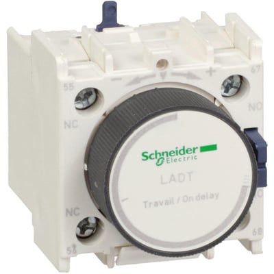 Schneider Electric tidsblok LADT2 i hvid plast med drejeknap, der viser "Travail / On delay 1-30s" og 1NO-1NC kontakter.