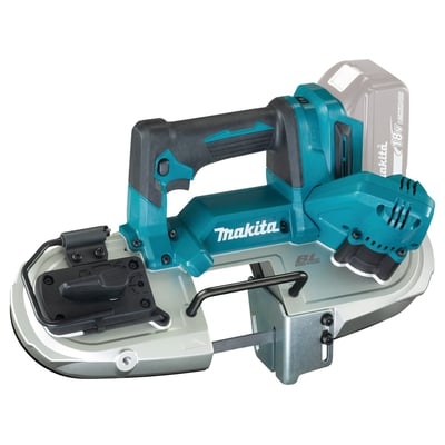 Makita 18V akku båndsav DPB183Z med synligt 18V batteri og BL motor mærkat, klar til brug.