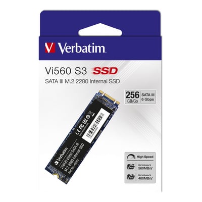 Emballagen til Verbatim Vi560 S3 M.2 SSD med 256 GB viser SSD'en og modelbetegnelsen på forsiden.