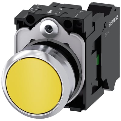 Siemens Sirius Act 22 mm trykknap i metal med høj, gul knap og 1 sluttefunktion, vist med fjederklemme.